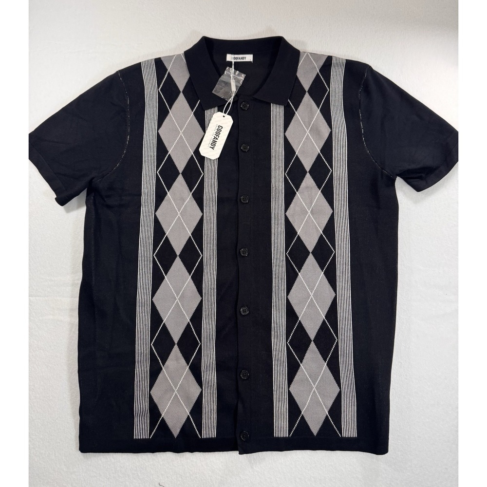 Coofandy Mens Knit Polo Shirt Large Black Argyle Button Down Short Sleeve NWT